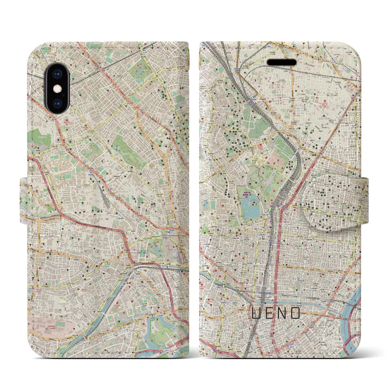 【上野】地図柄iPhoneケース（手帳両面タイプ・ナチュラル）iPhone XS / X 用