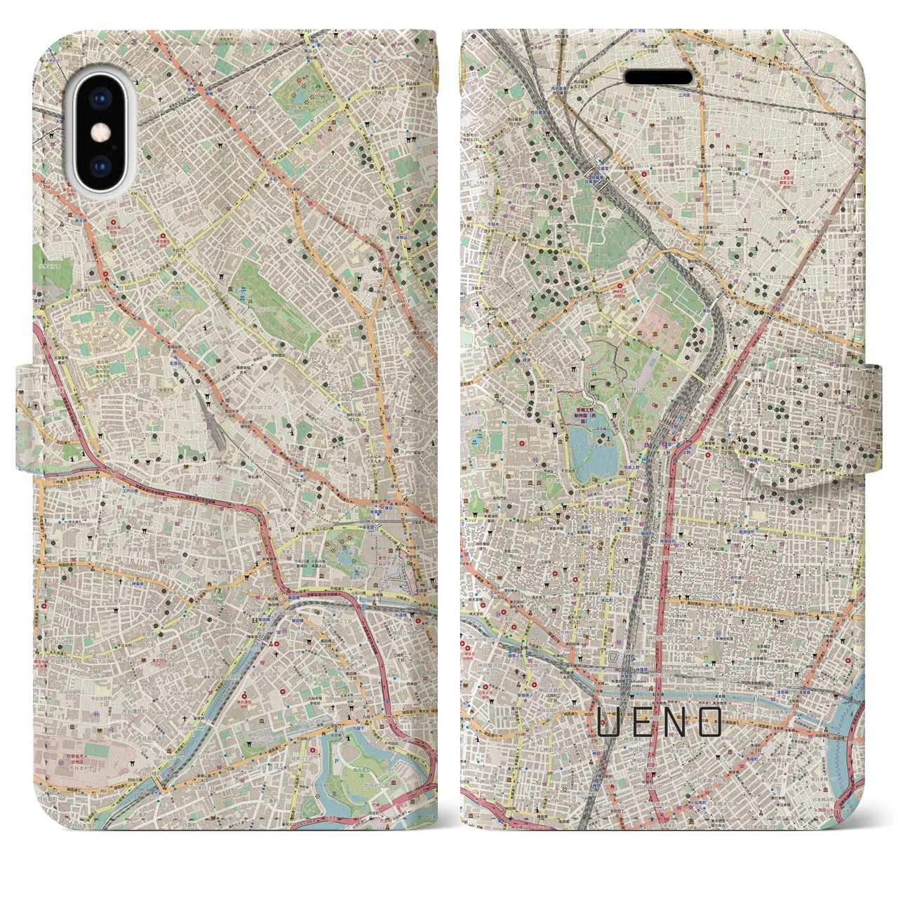 【上野】地図柄iPhoneケース（手帳両面タイプ・ナチュラル）iPhone XS Max 用