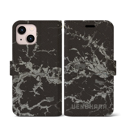 【上野原（山梨県）】地図柄iPhoneケース（手帳タイプ）モノトーン・iPhone 13 mini 用