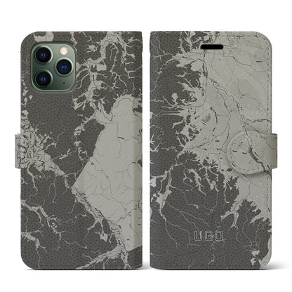 【羽後（秋田県）】地図柄iPhoneケース（手帳タイプ）モノトーン・iPhone 11 Pro 用