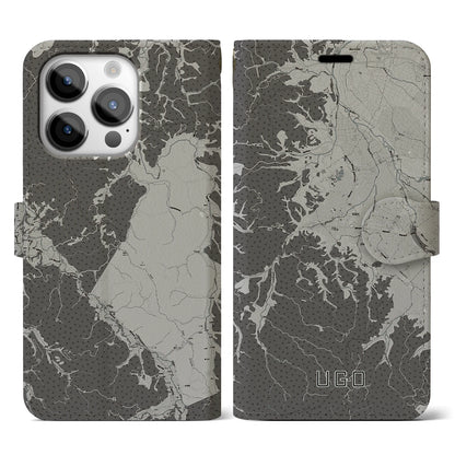 【羽後（秋田県）】地図柄iPhoneケース（手帳タイプ）モノトーン・iPhone 14 Pro 用