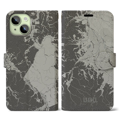 【羽後（秋田県）】地図柄iPhoneケース（手帳タイプ）モノトーン・iPhone 15 用