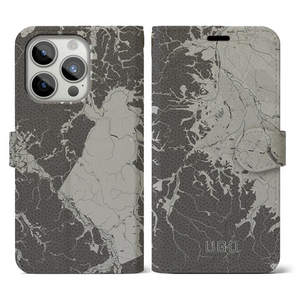 【羽後（秋田県）】地図柄iPhoneケース（手帳タイプ）モノトーン・iPhone 15 Pro 用