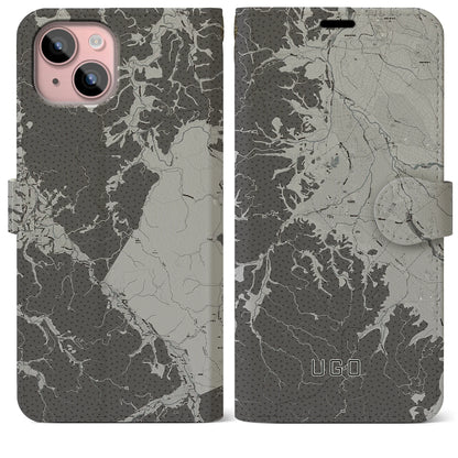 【羽後（秋田県）】地図柄iPhoneケース（手帳タイプ）モノトーン・iPhone 15 Plus 用