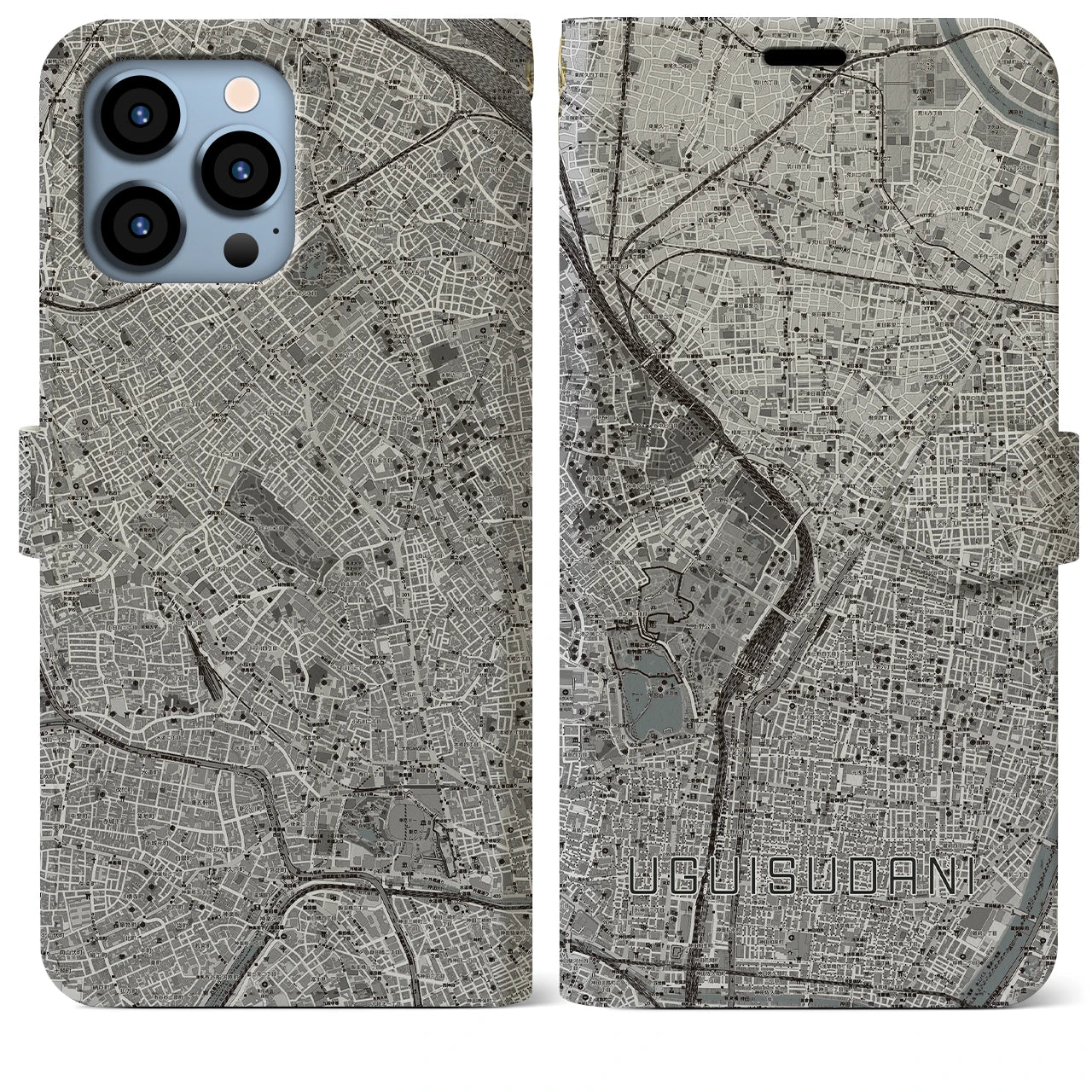 【鶯谷】地図柄iPhoneケース（手帳両面タイプ・モノトーン）iPhone 13 Pro Max 用