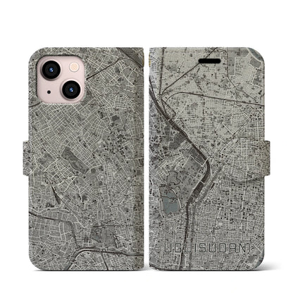 【鶯谷（東京都）】地図柄iPhoneケース（手帳タイプ）モノトーン・iPhone 13 mini 用