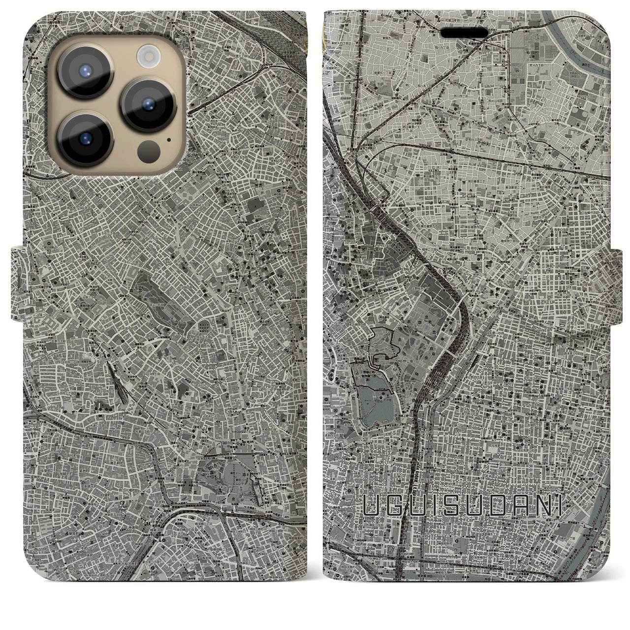 【鶯谷】地図柄iPhoneケース（手帳両面タイプ・モノトーン）iPhone 14 Pro Max 用