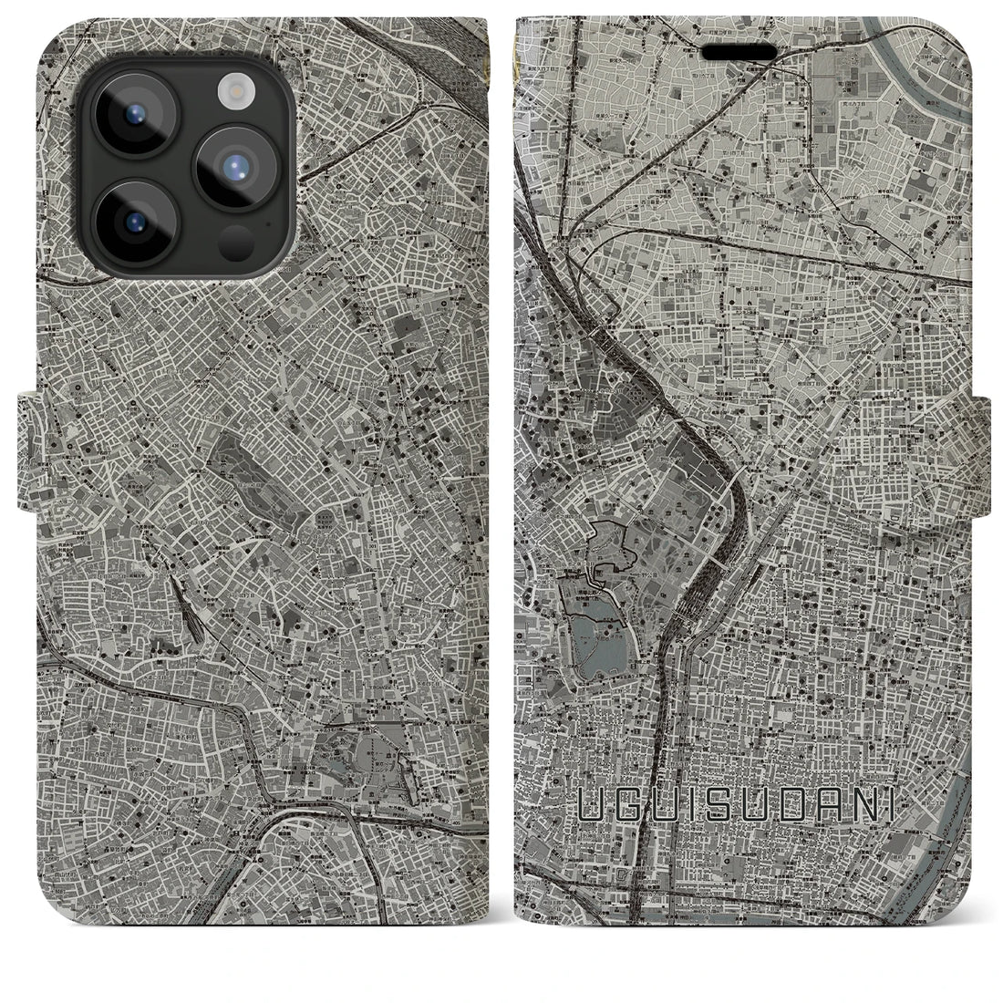 【鶯谷】地図柄iPhoneケース（手帳両面タイプ・モノトーン）iPhone 15 Pro Max 用