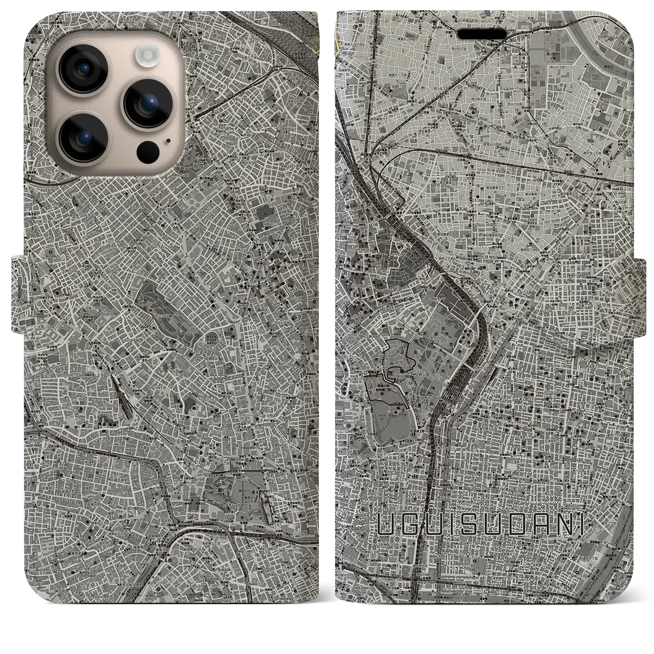 【鶯谷（東京都）】地図柄iPhoneケース（手帳タイプ）モノトーン・iPhone 16 Plus 用