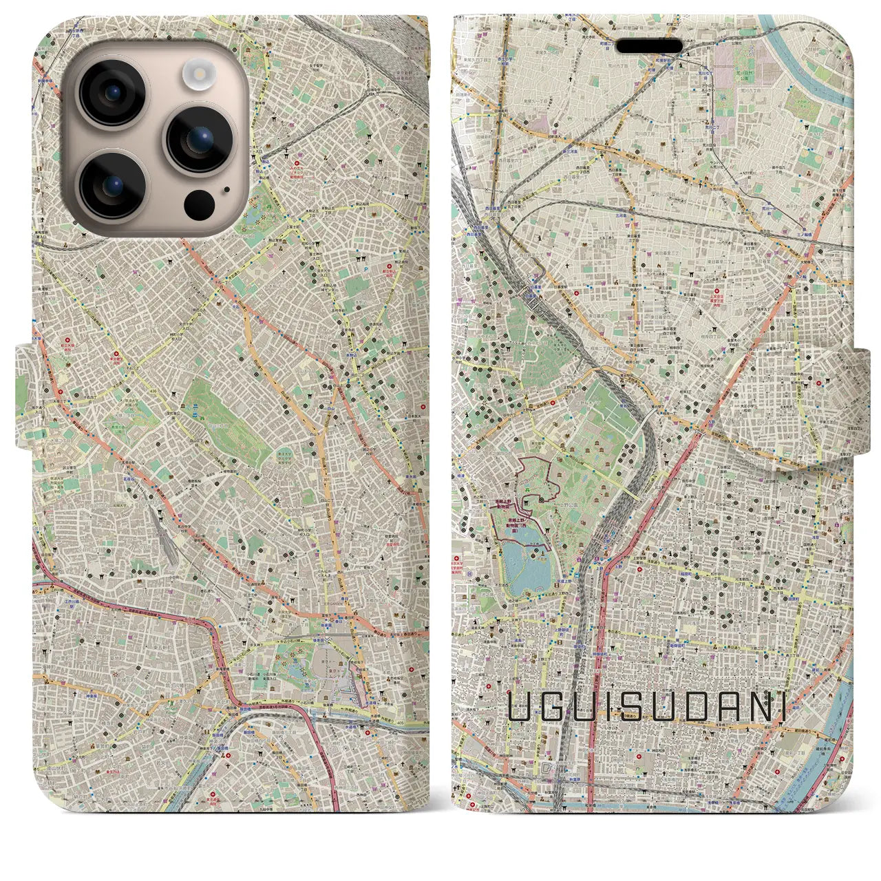 【鶯谷（東京都）】地図柄iPhoneケース（手帳タイプ）ナチュラル・iPhone 16 Plus 用