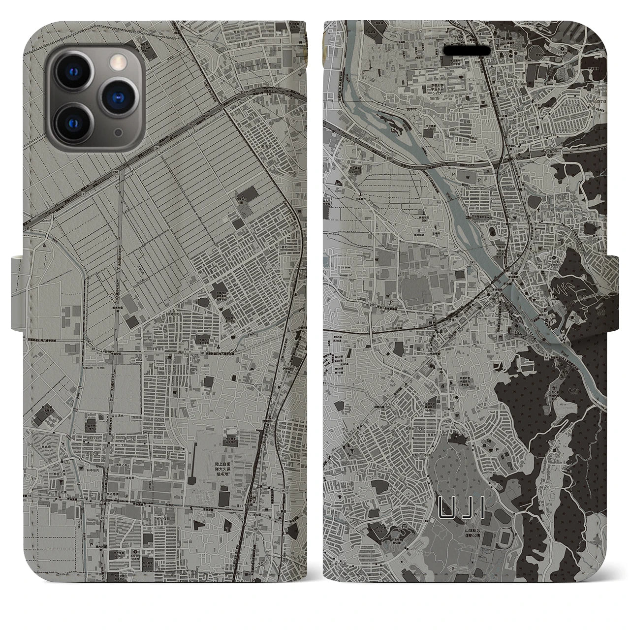 【宇治】地図柄iPhoneケース（手帳両面タイプ・モノトーン）iPhone 11 Pro Max 用
