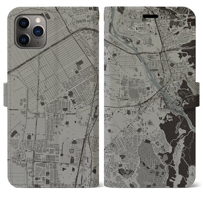 【宇治（京都府）】地図柄iPhoneケース（手帳タイプ）モノトーン・iPhone 11 Pro Max 用