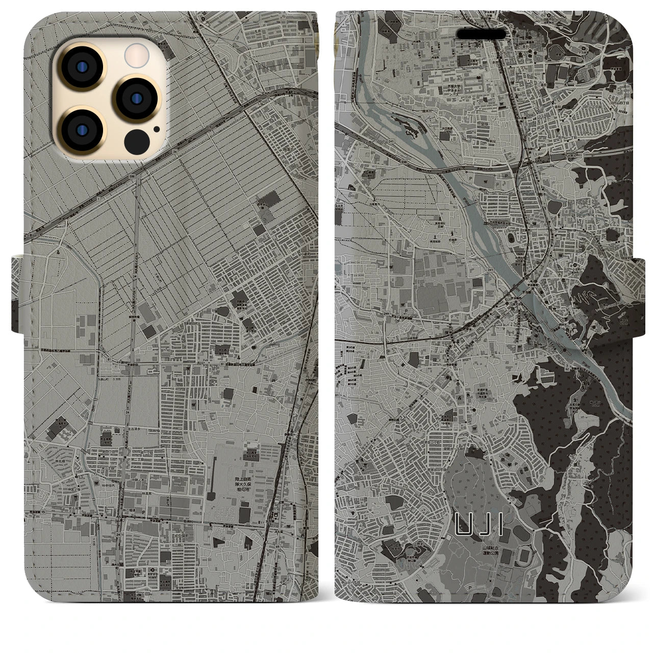 【宇治】地図柄iPhoneケース（手帳両面タイプ・モノトーン）iPhone 12 Pro Max 用