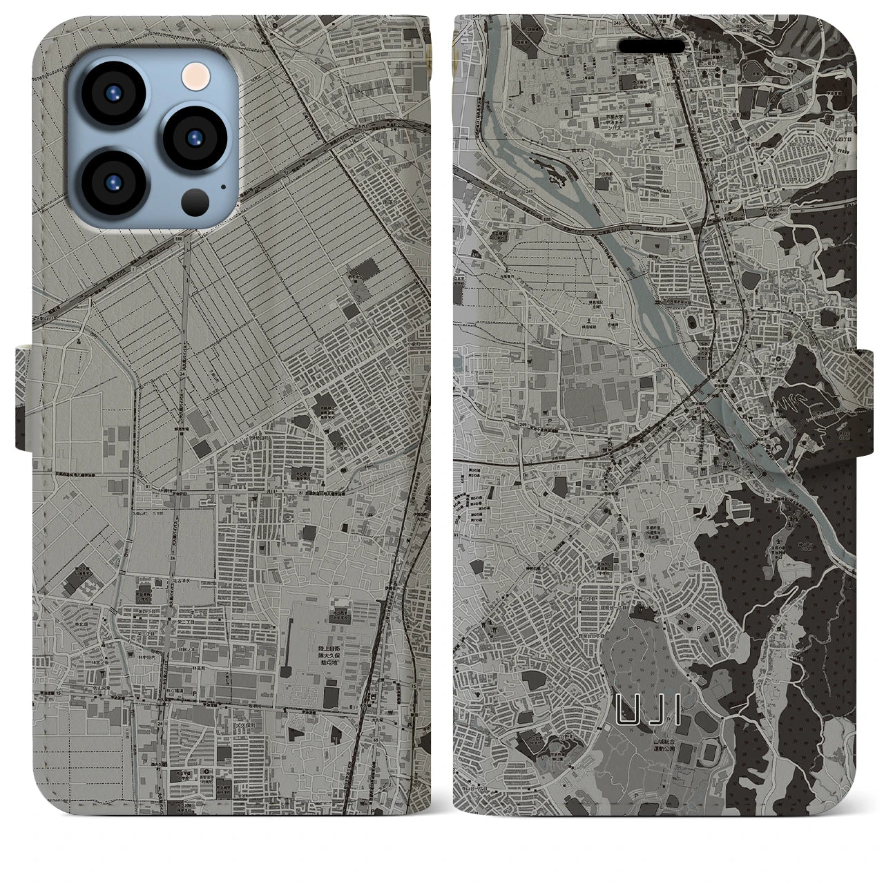 【宇治】地図柄iPhoneケース（手帳両面タイプ・モノトーン）iPhone 13 Pro Max 用