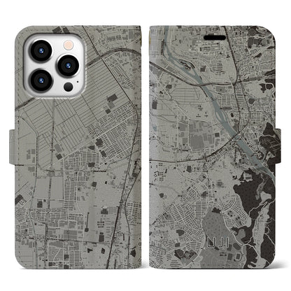 【宇治（京都府）】地図柄iPhoneケース（手帳タイプ）モノトーン・iPhone 13 Pro 用