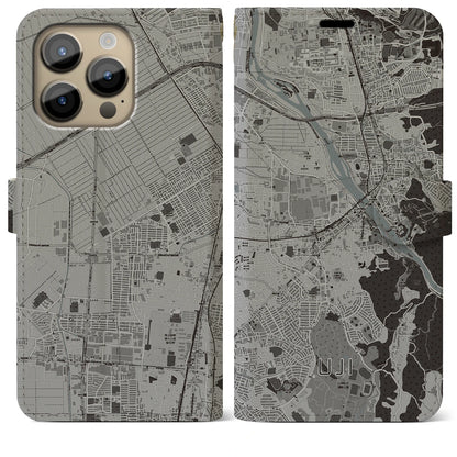 【宇治（京都府）】地図柄iPhoneケース（手帳タイプ）モノトーン・iPhone 14 Pro Max 用