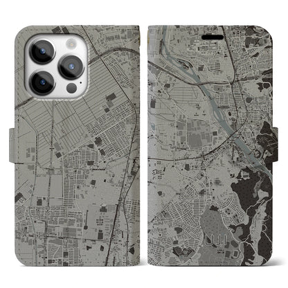 【宇治（京都府）】地図柄iPhoneケース（手帳タイプ）モノトーン・iPhone 14 Pro 用