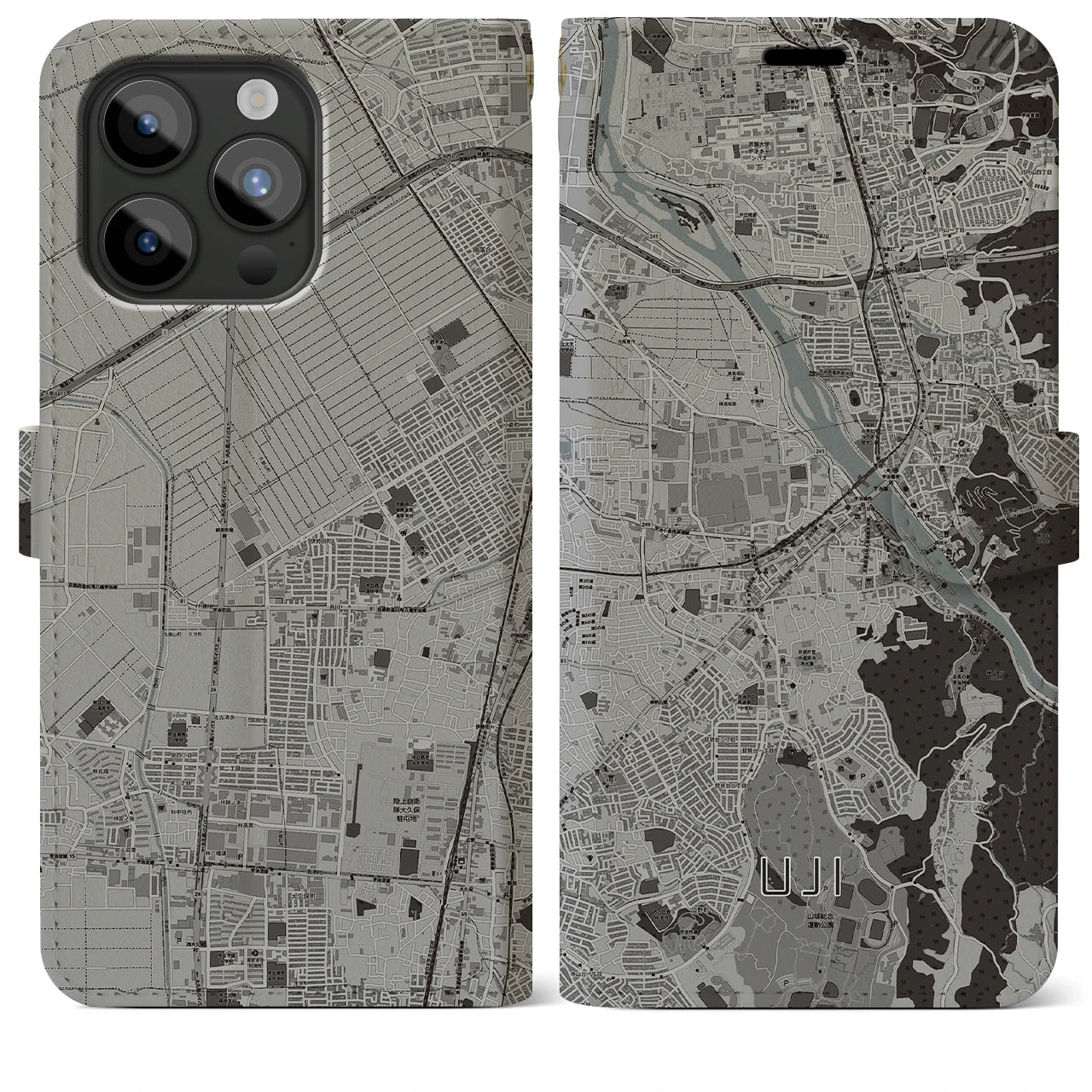 【宇治】地図柄iPhoneケース（手帳両面タイプ・モノトーン）iPhone 15 Pro Max 用