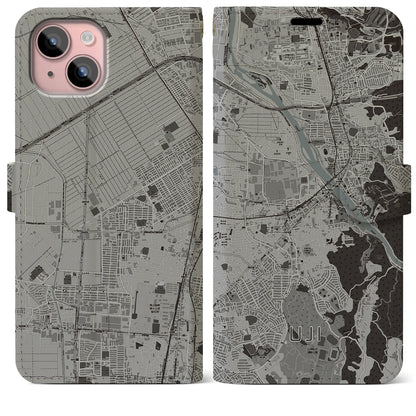 【宇治（京都府）】地図柄iPhoneケース（手帳タイプ）モノトーン・iPhone 15 Plus 用