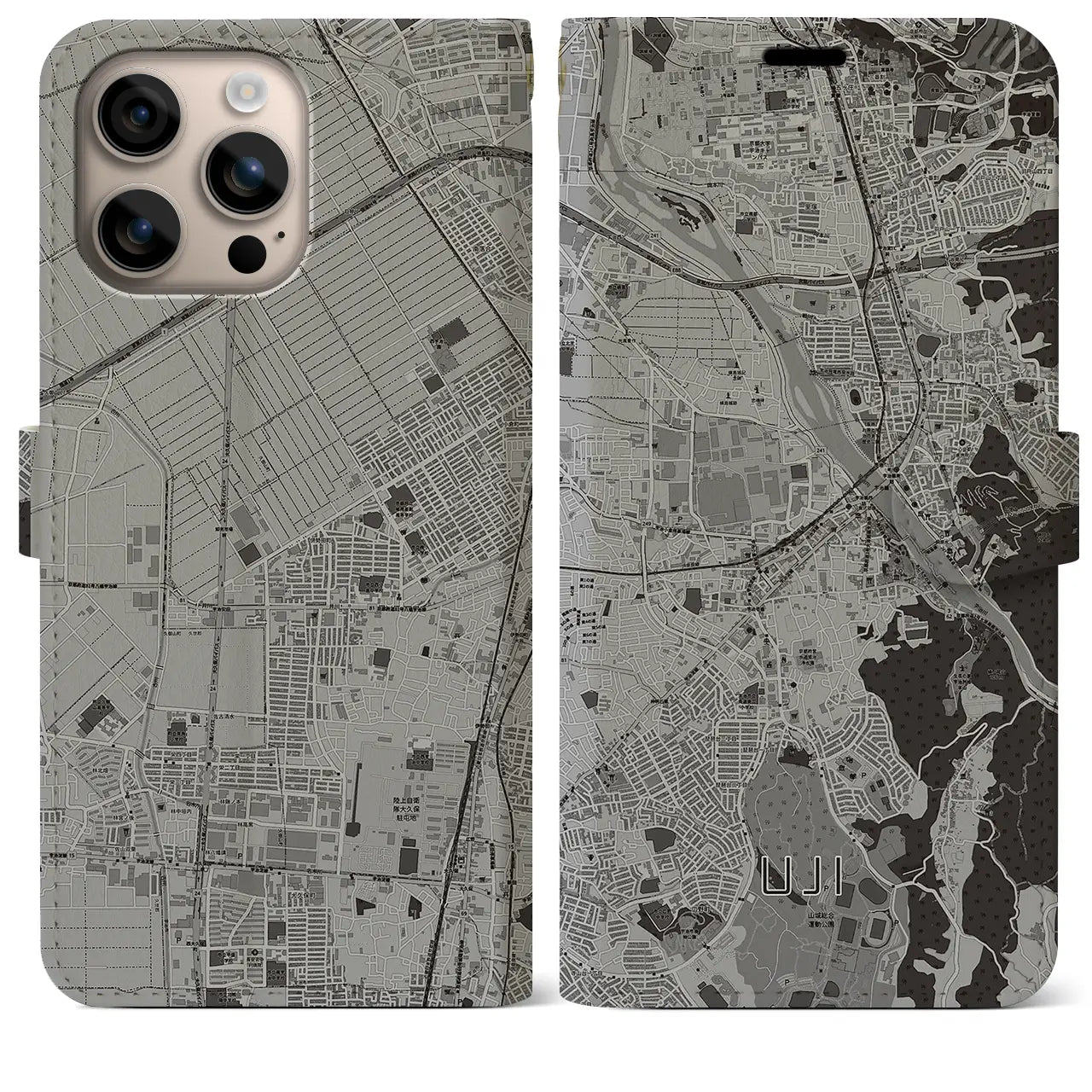 【宇治（京都府）】地図柄iPhoneケース（手帳タイプ）モノトーン・iPhone 16 Plus 用