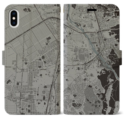 【宇治（京都府）】地図柄iPhoneケース（手帳タイプ）モノトーン・iPhone XS Max 用
