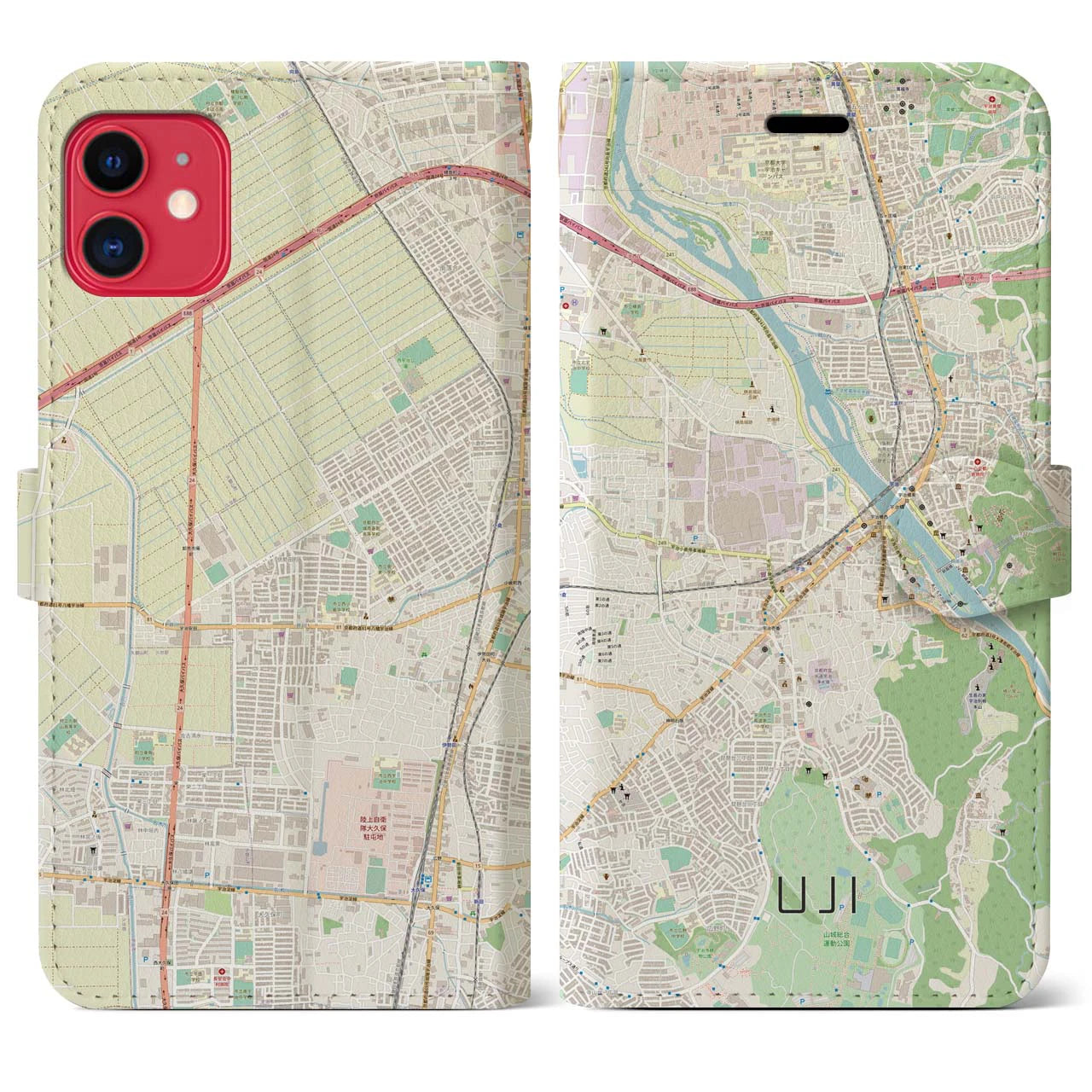 【宇治】地図柄iPhoneケース（手帳両面タイプ・ナチュラル）iPhone 11 用
