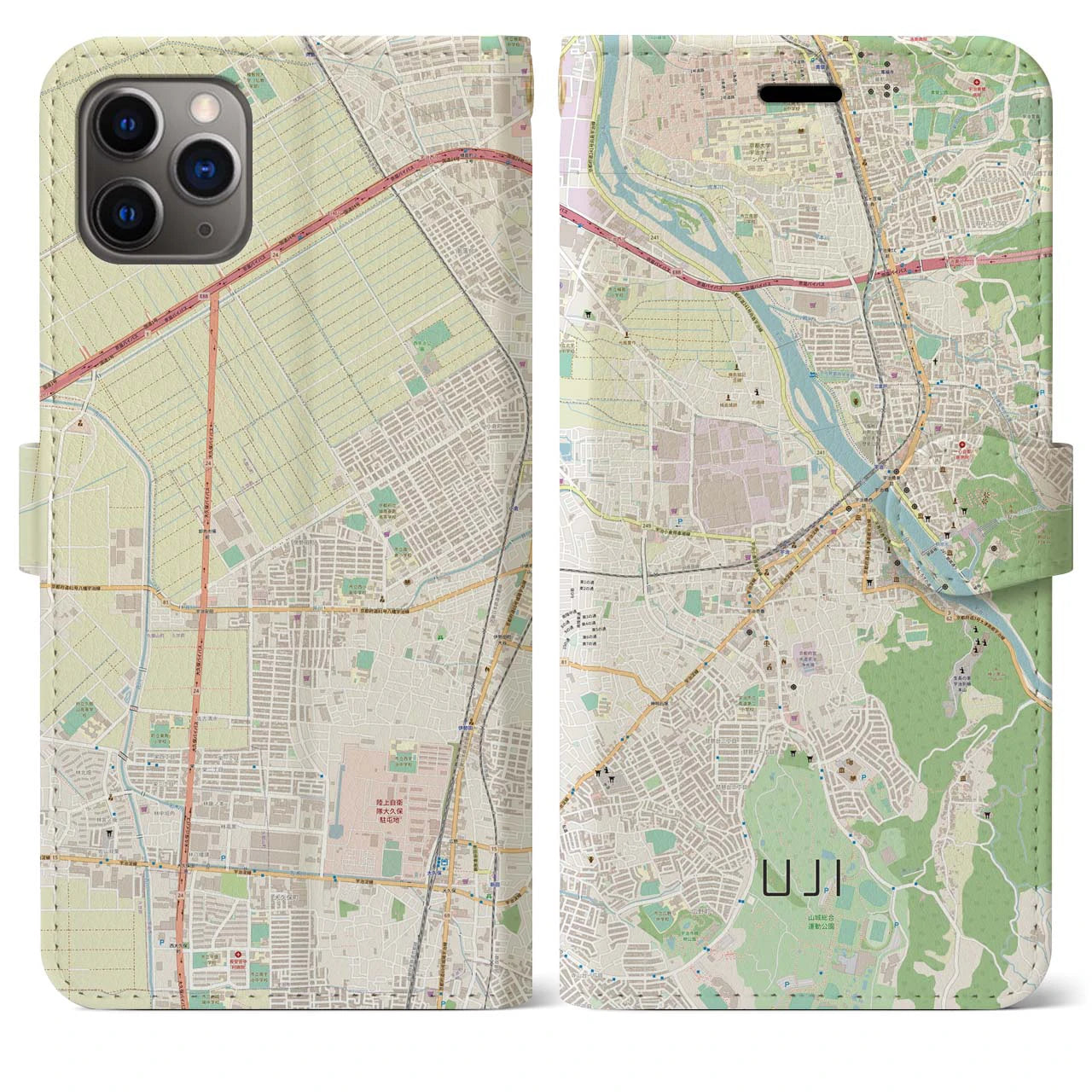 【宇治】地図柄iPhoneケース（手帳両面タイプ・ナチュラル）iPhone 11 Pro Max 用