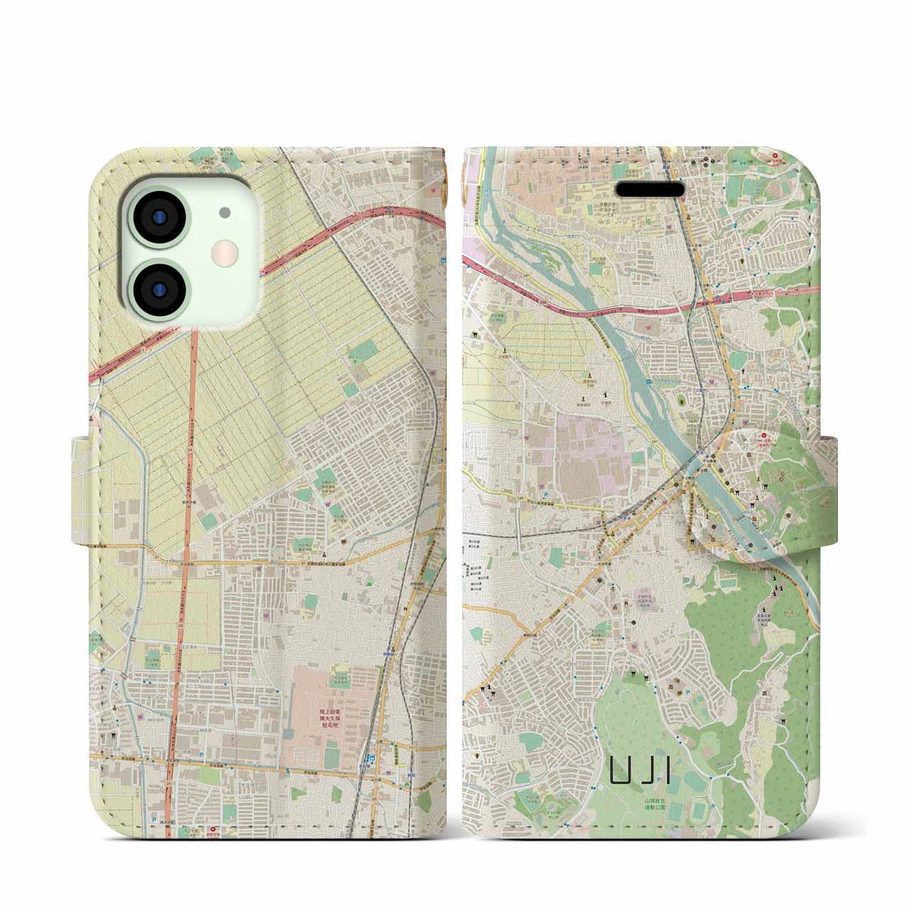 【宇治】地図柄iPhoneケース（手帳両面タイプ・ナチュラル）iPhone 12 mini 用