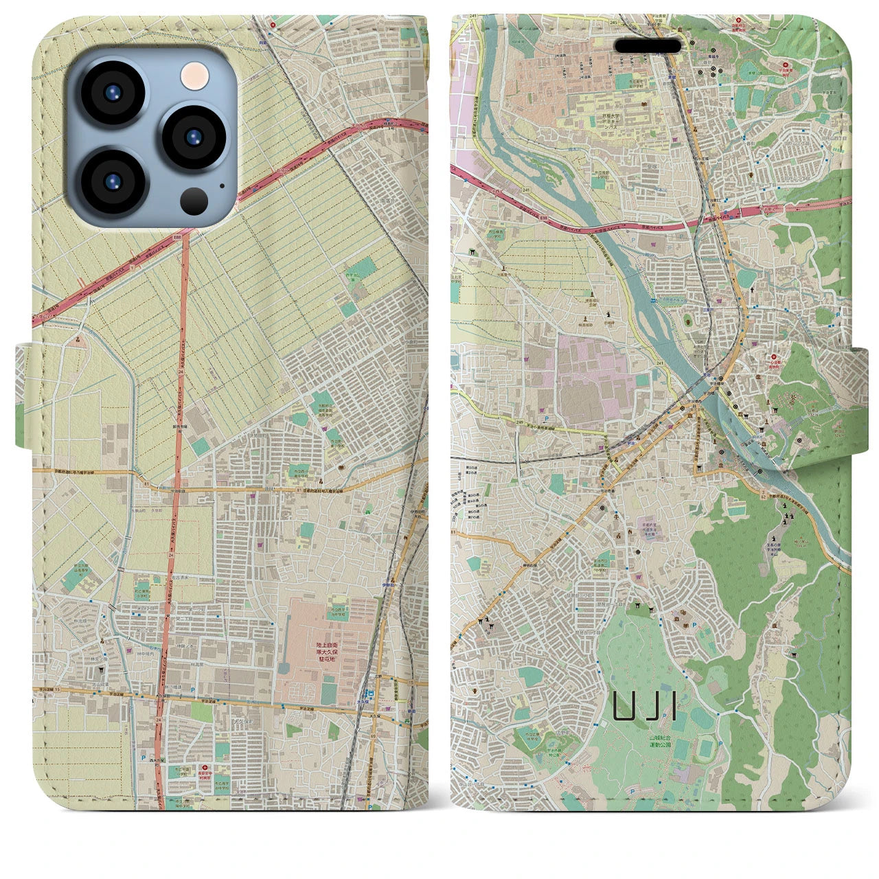 【宇治】地図柄iPhoneケース（手帳両面タイプ・ナチュラル）iPhone 13 Pro Max 用
