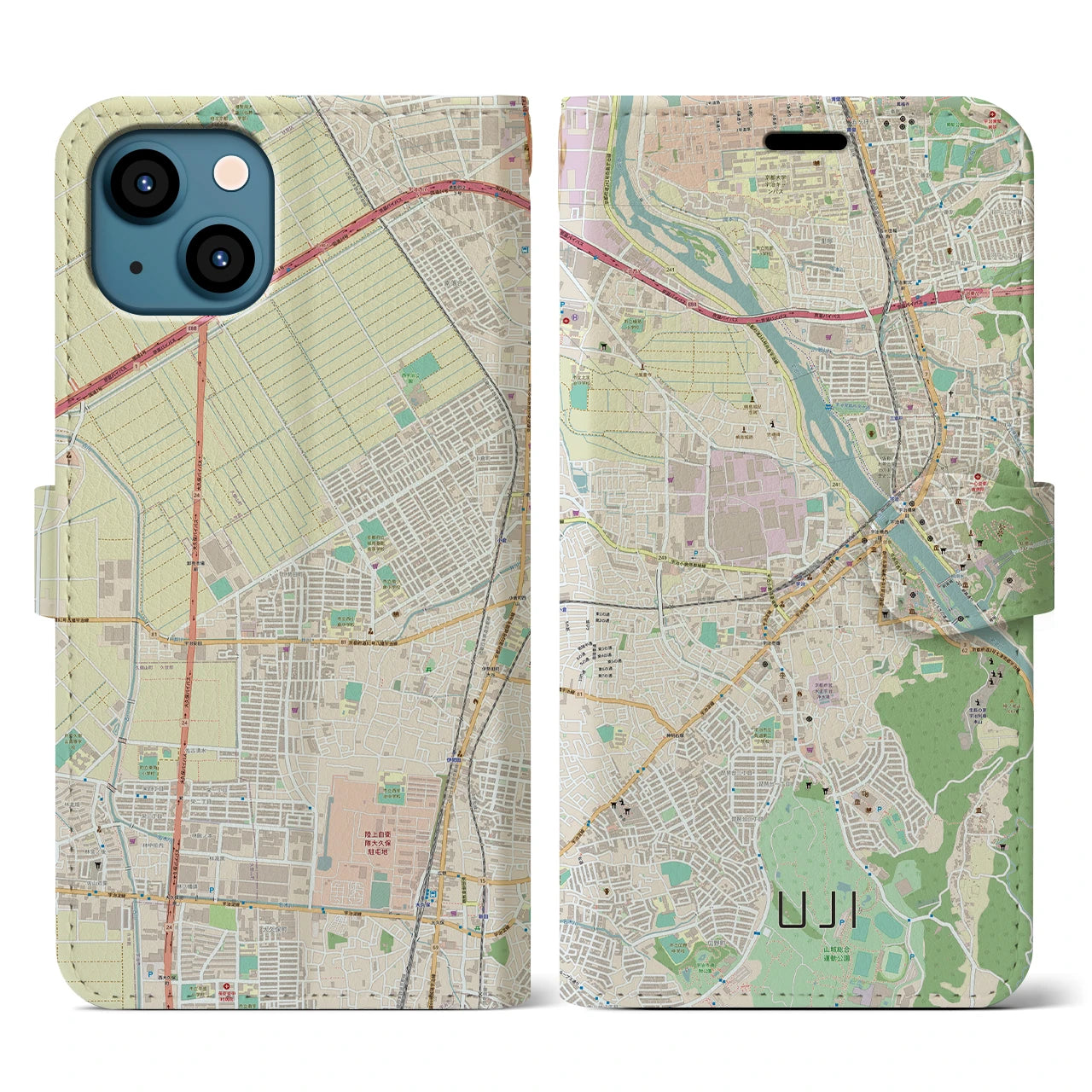 【宇治】地図柄iPhoneケース（手帳両面タイプ・ナチュラル）iPhone 13 Pro 用