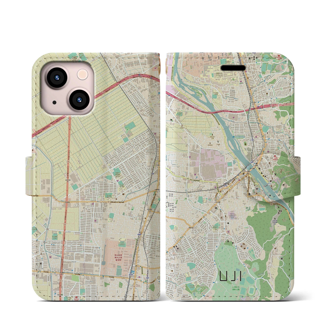 【宇治】地図柄iPhoneケース（手帳両面タイプ・ナチュラル）iPhone 13 mini 用