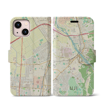 【宇治（京都府）】地図柄iPhoneケース（手帳タイプ）ナチュラル・iPhone 13 mini 用