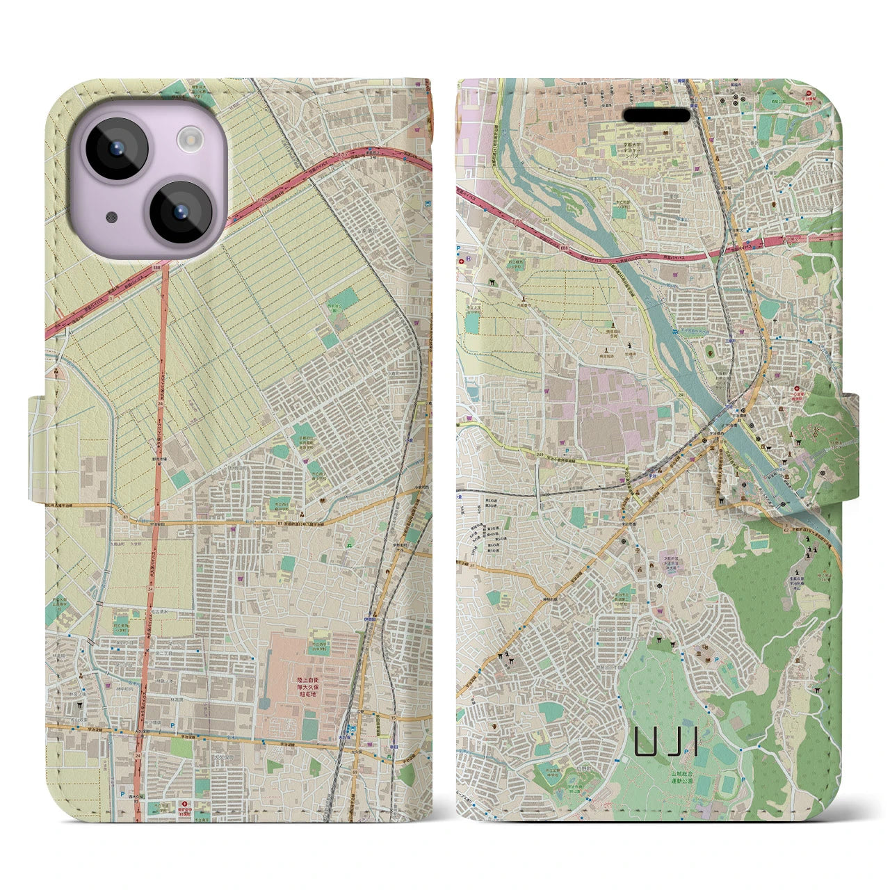 【宇治】地図柄iPhoneケース（手帳両面タイプ・ナチュラル）iPhone 14 用