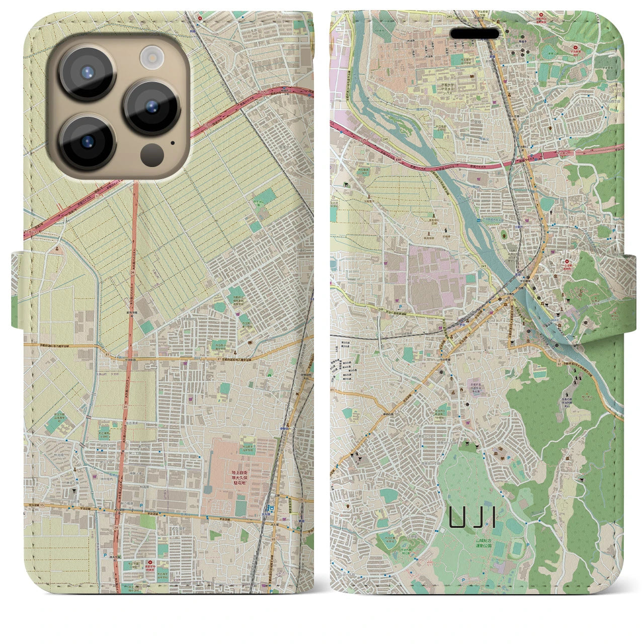 【宇治】地図柄iPhoneケース（手帳両面タイプ・ナチュラル）iPhone 14 Pro Max 用