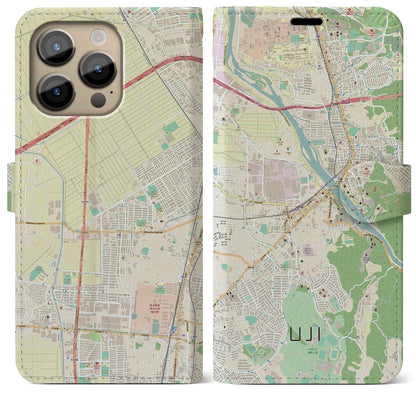 【宇治（京都府）】地図柄iPhoneケース（手帳タイプ）ナチュラル・iPhone 14 Pro Max 用
