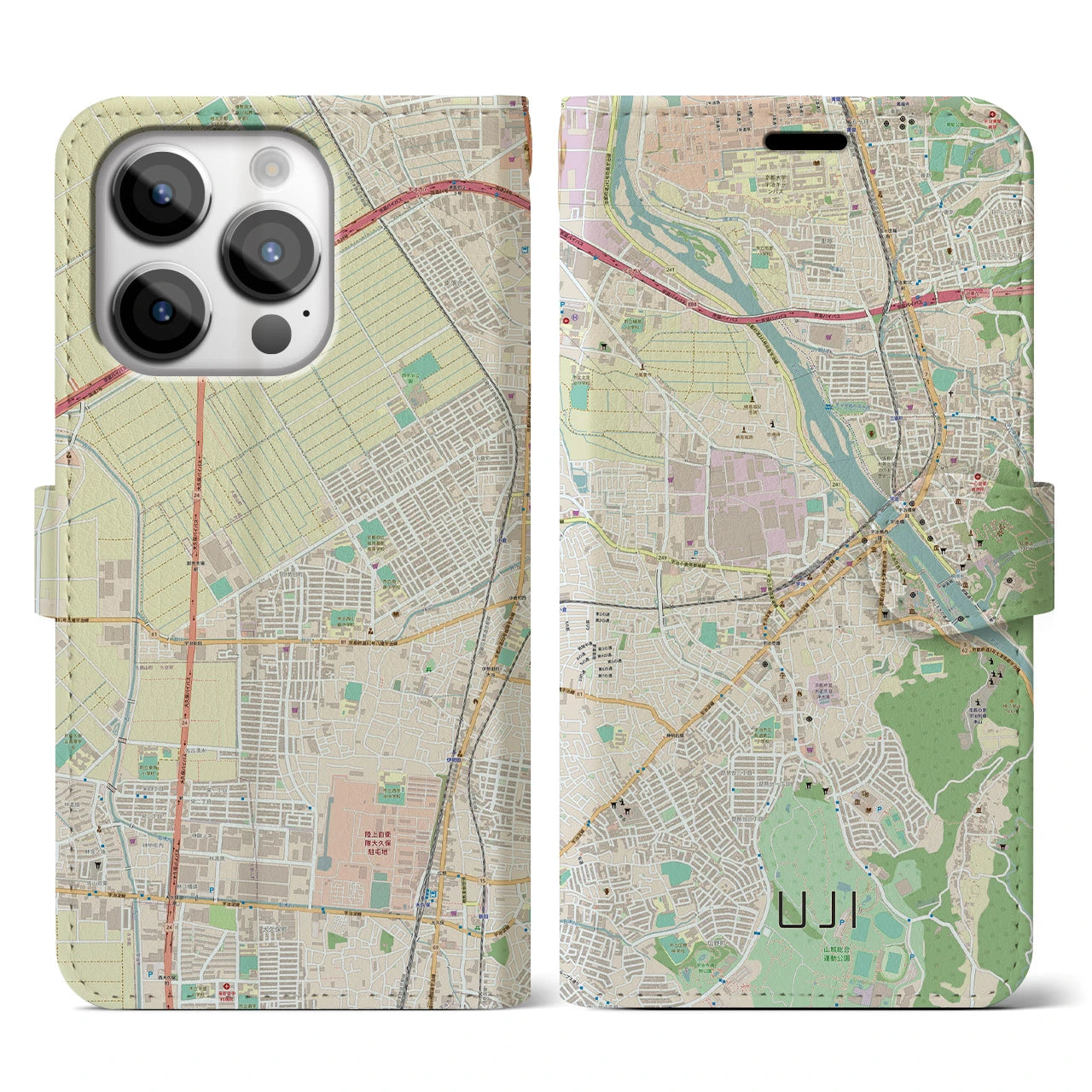 【宇治】地図柄iPhoneケース（手帳両面タイプ・ナチュラル）iPhone 14 Pro 用