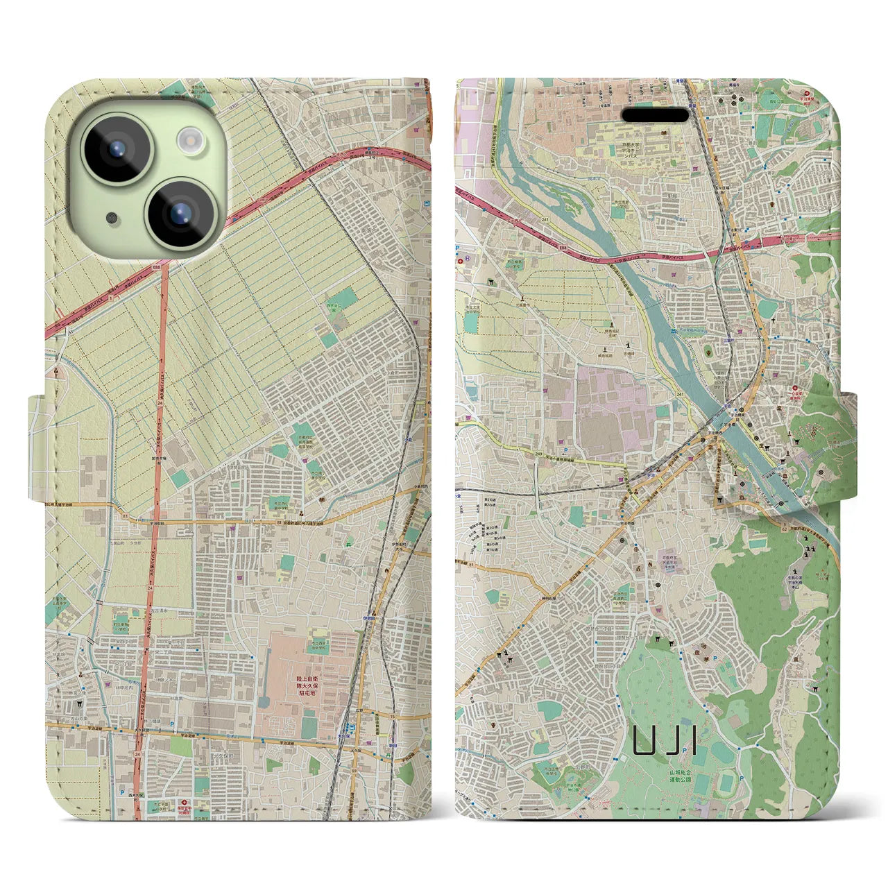 【宇治】地図柄iPhoneケース（手帳両面タイプ・ナチュラル）iPhone 15 用