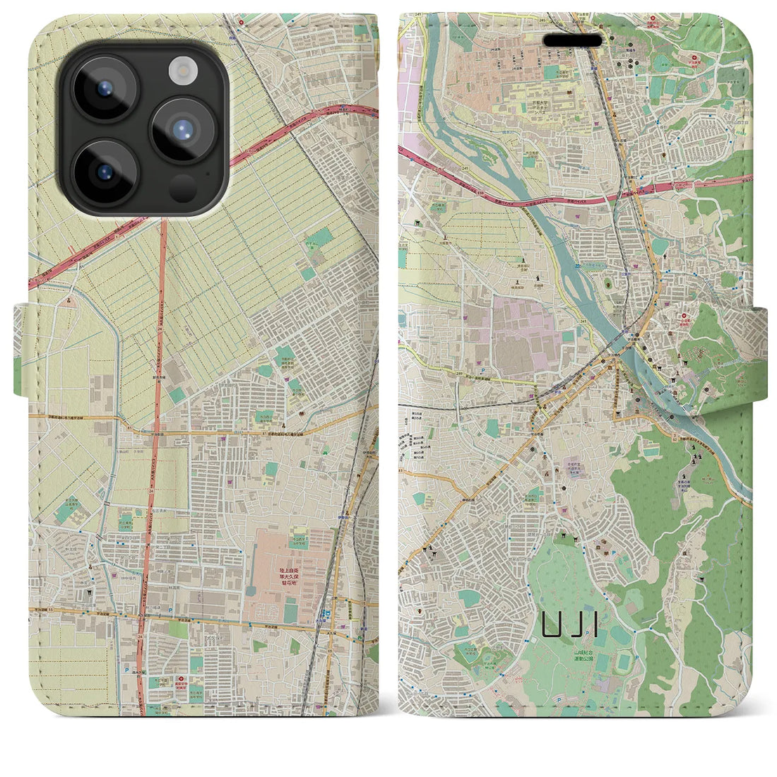 【宇治】地図柄iPhoneケース（手帳両面タイプ・ナチュラル）iPhone 15 Pro Max 用