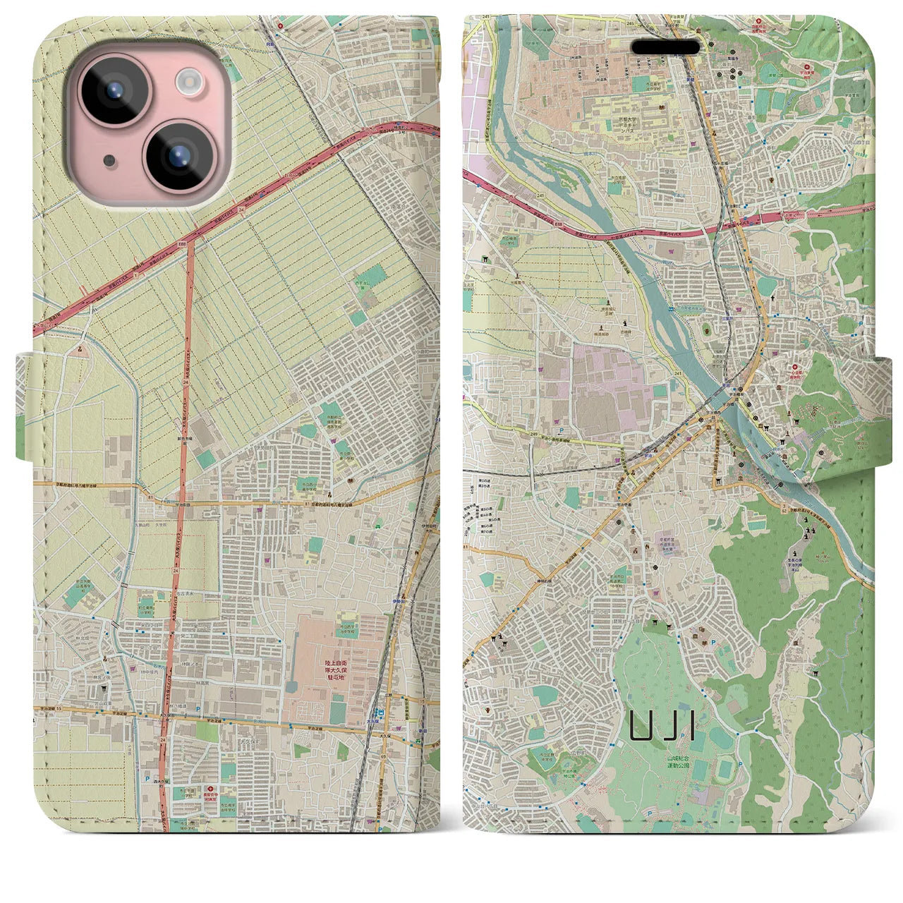 【宇治】地図柄iPhoneケース（手帳両面タイプ・ナチュラル）iPhone 15 Plus 用