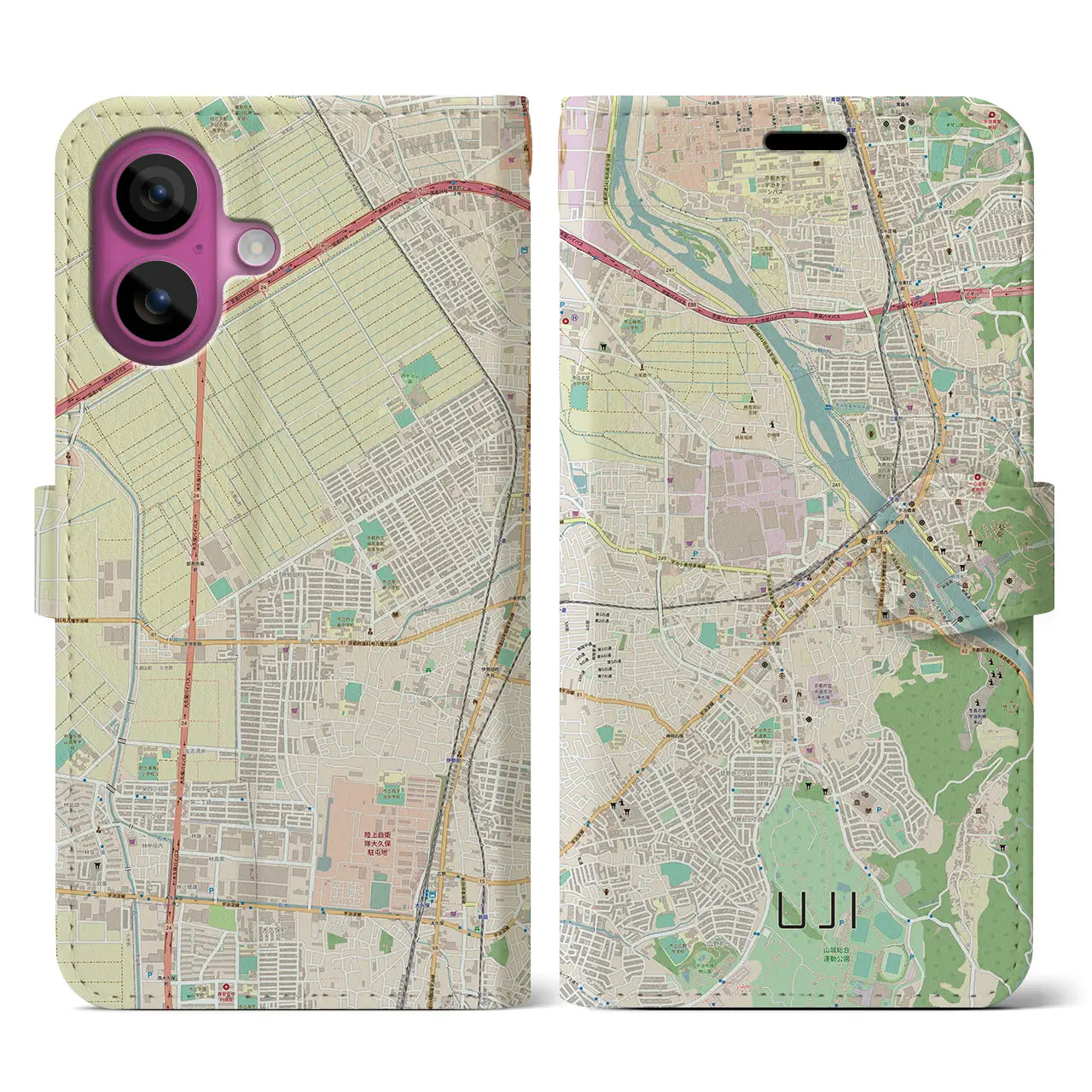 【宇治（京都府）】地図柄iPhoneケース（手帳タイプ）ナチュラル・iPhone 16 Pro 用