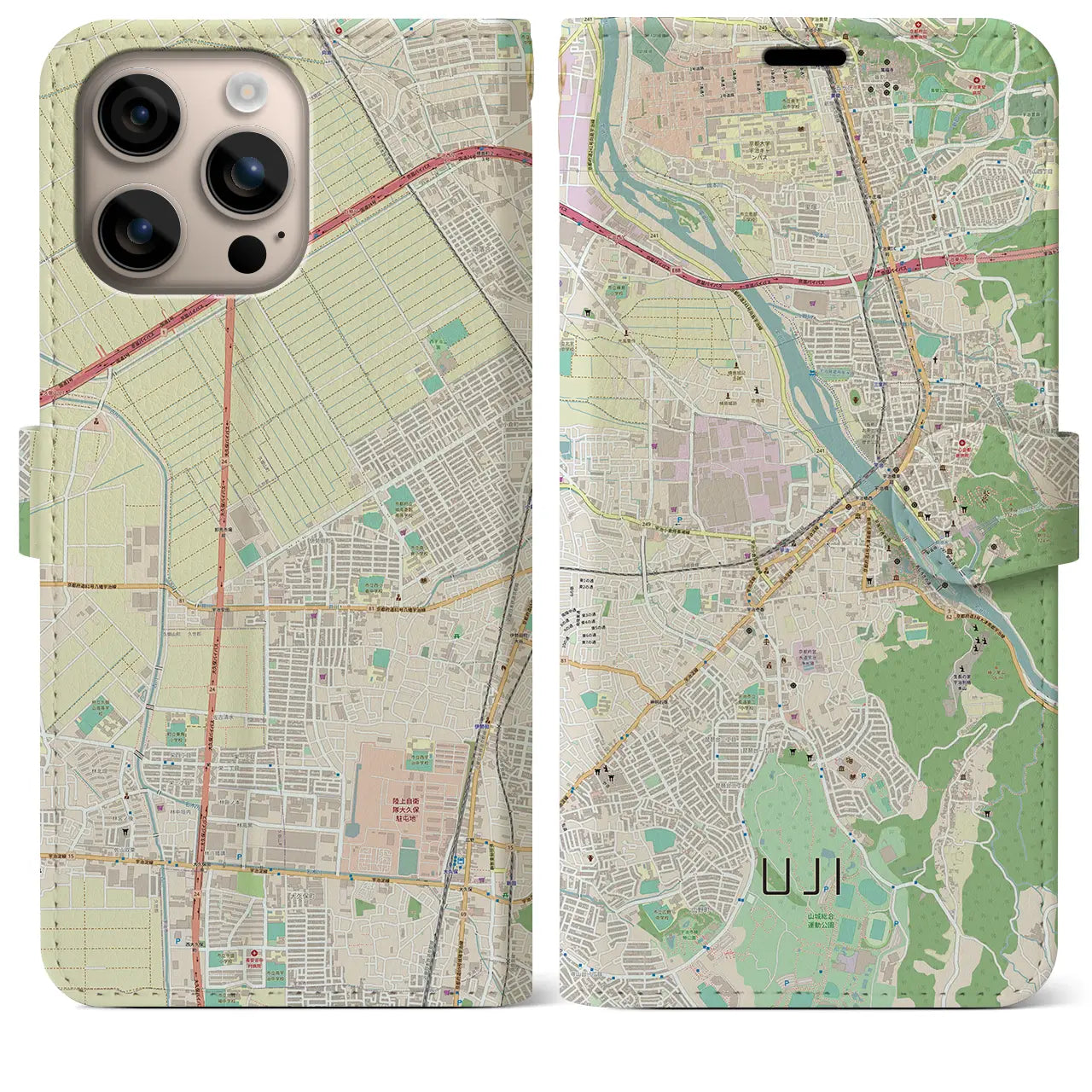 【宇治（京都府）】地図柄iPhoneケース（手帳タイプ）ナチュラル・iPhone 16 Plus 用