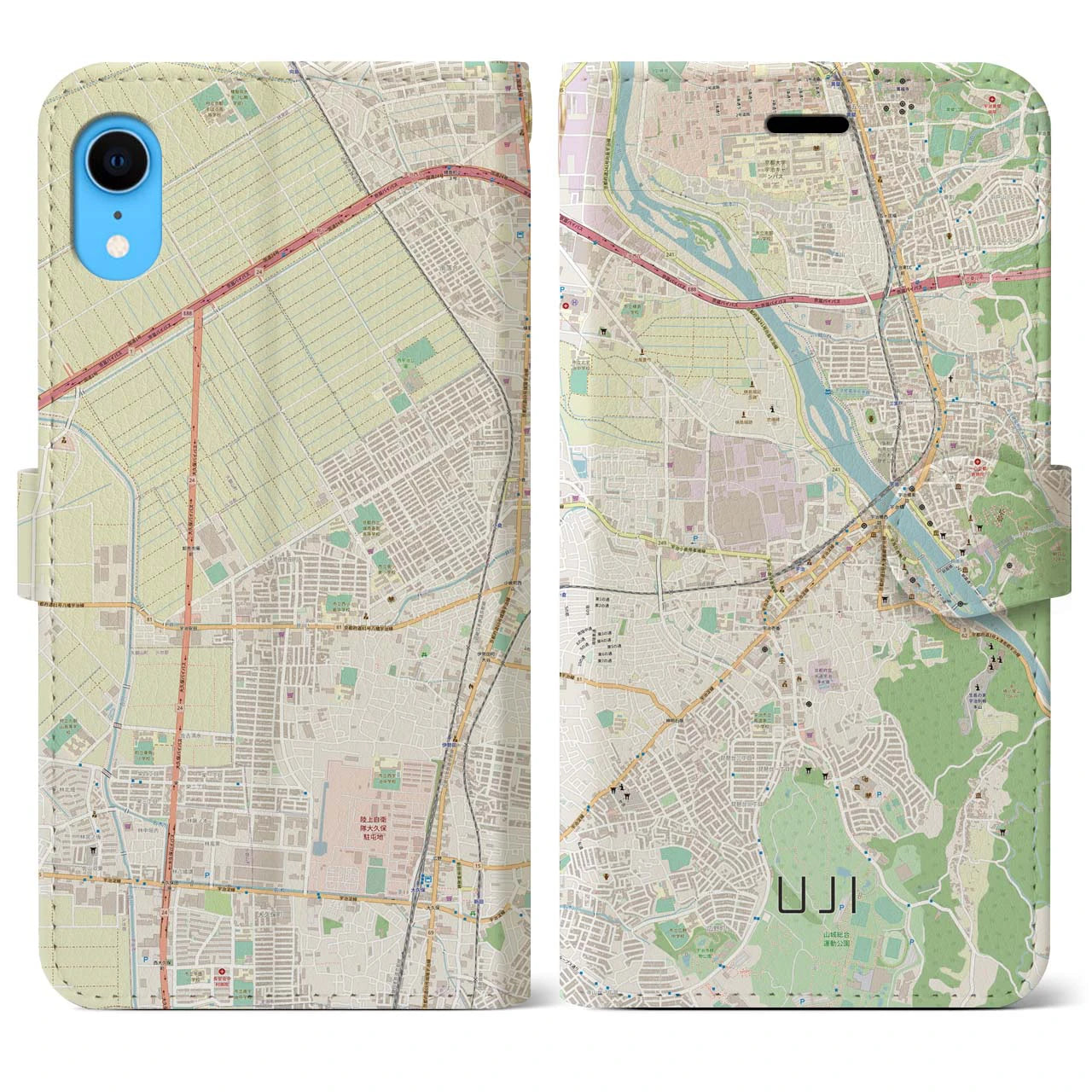 【宇治】地図柄iPhoneケース（手帳両面タイプ・ナチュラル）iPhone XR 用