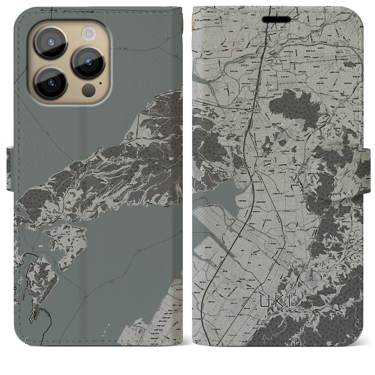 【宇城】地図柄iPhoneケース（手帳両面タイプ・モノトーン）iPhone 14 Pro Max 用