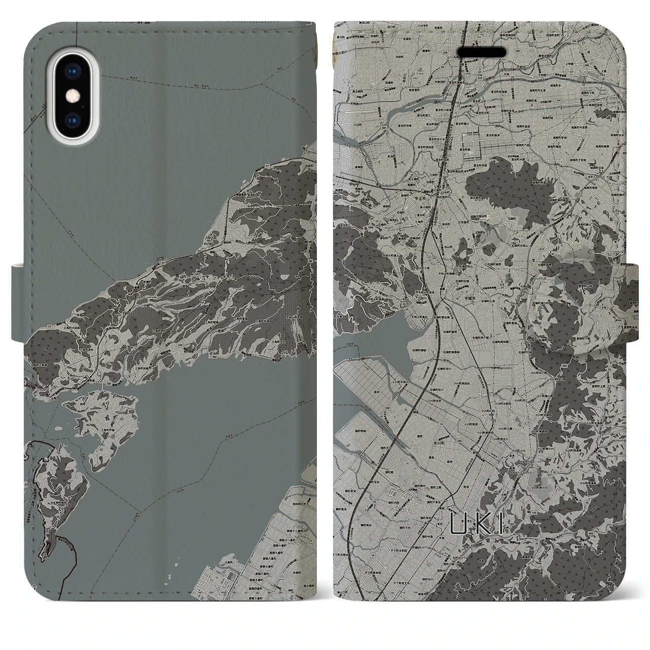 【宇城】地図柄iPhoneケース（手帳両面タイプ・モノトーン）iPhone XS Max 用