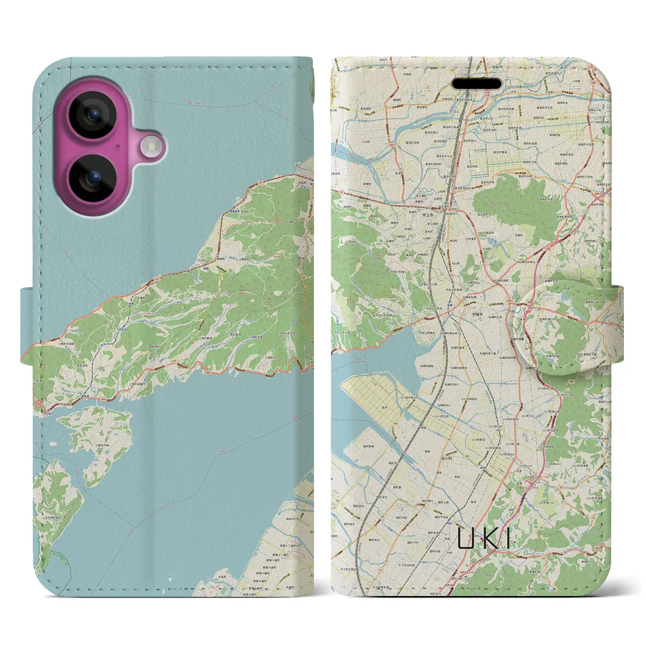 【宇城（熊本県）】地図柄iPhoneケース（手帳タイプ）ナチュラル・iPhone 16 Pro 用