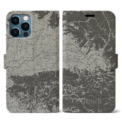 【うきは（福岡県）】地図柄iPhoneケース（手帳タイプ）モノトーン・iPhone 12 / 12 Pro 用
