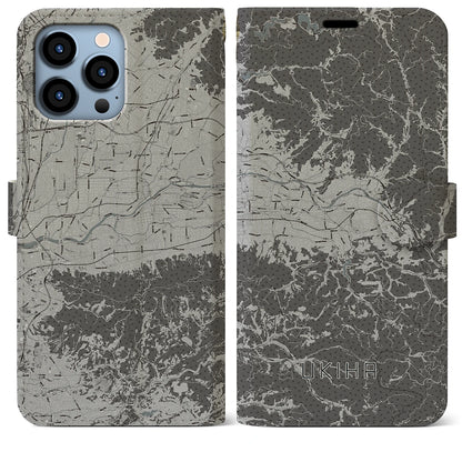 【うきは（福岡県）】地図柄iPhoneケース（手帳タイプ）モノトーン・iPhone 13 Pro Max 用