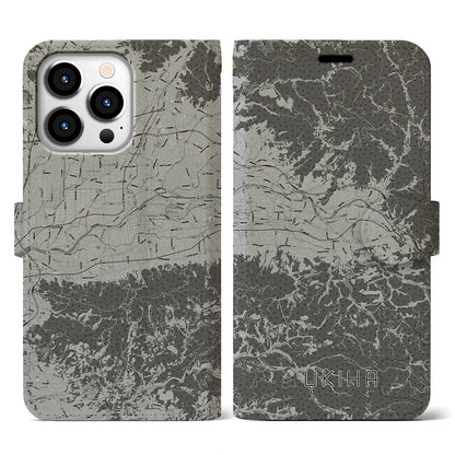 【うきは（福岡県）】地図柄iPhoneケース（手帳タイプ）モノトーン・iPhone 13 Pro 用