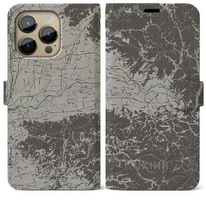 【うきは（福岡県）】地図柄iPhoneケース（手帳タイプ）モノトーン・iPhone 14 Pro Max 用
