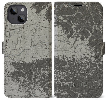 【うきは（福岡県）】地図柄iPhoneケース（手帳タイプ）モノトーン・iPhone 14 Plus 用